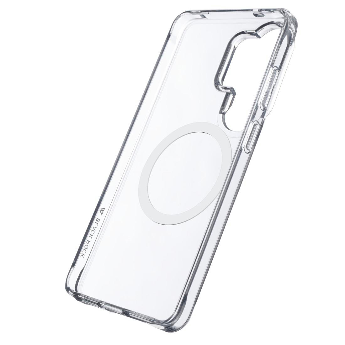 Eine klare, transparente Smartphone-Hülle mit einem kreisförmigen Magnetring auf der Rückseite vor weißem Hintergrund.
