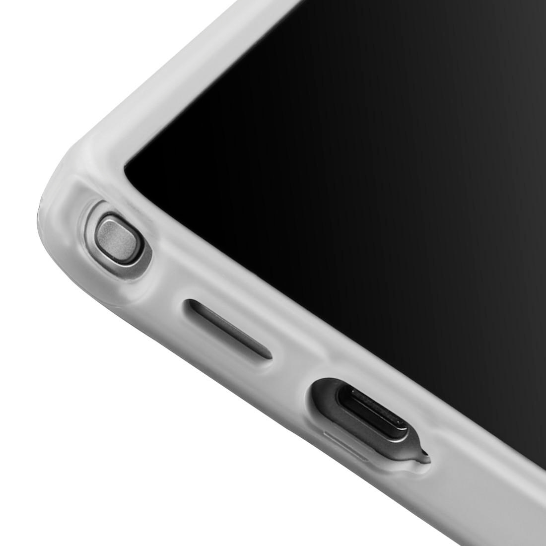 Unterseite eines weißen Smartphones mit Ladeanschluss, Lautsprecher und Stift.