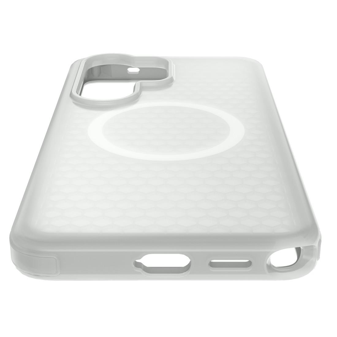 Transparente Smartphone-Hülle mit Kamera-Aussparung und MagSafe-Ring auf der Rückseite.