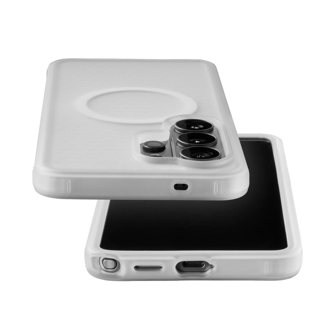 Ein Smartphone in einer weißen Hülle mit Dreifach-Kamera hinten und Anschlüssen unten auf weißem Hintergrund.