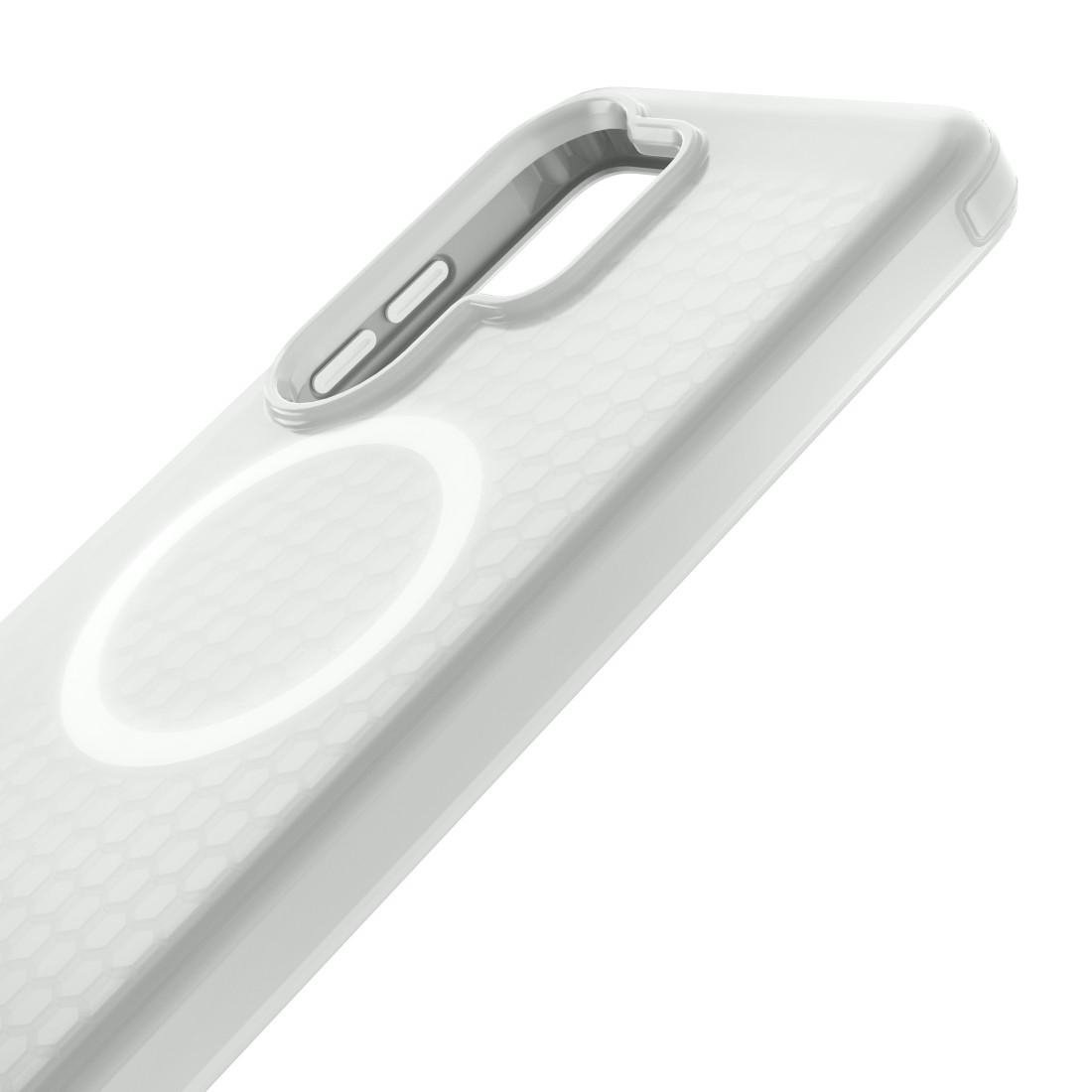 Eine weiße Schutzhülle mit Wabenmuster und MagSafe-Kreis auf weißem Hintergrund.