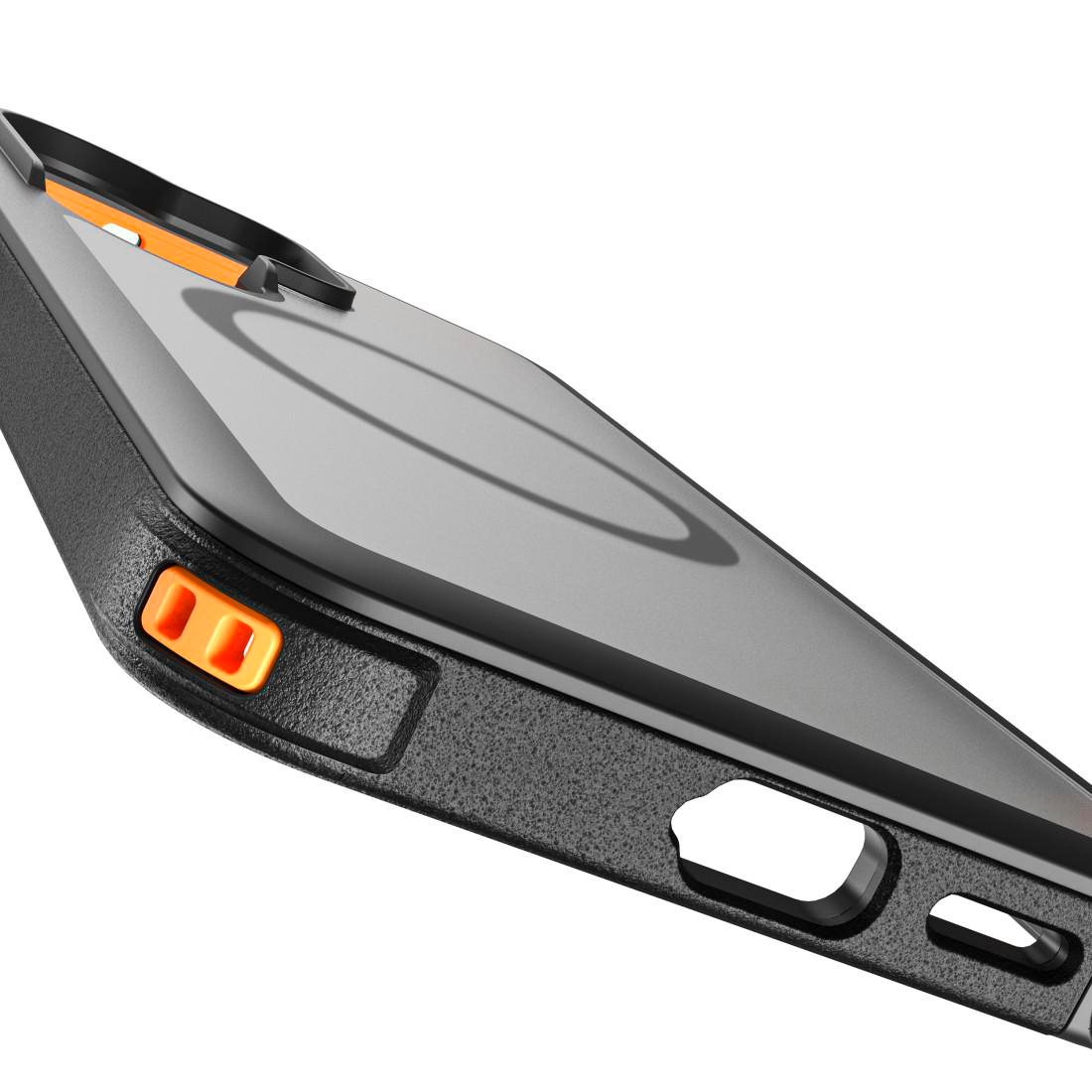 Nahaufnahme einer schwarzen Smartphone-Schutzhülle mit orangefarbenen Tasten und präzisen Anschlüssen.
