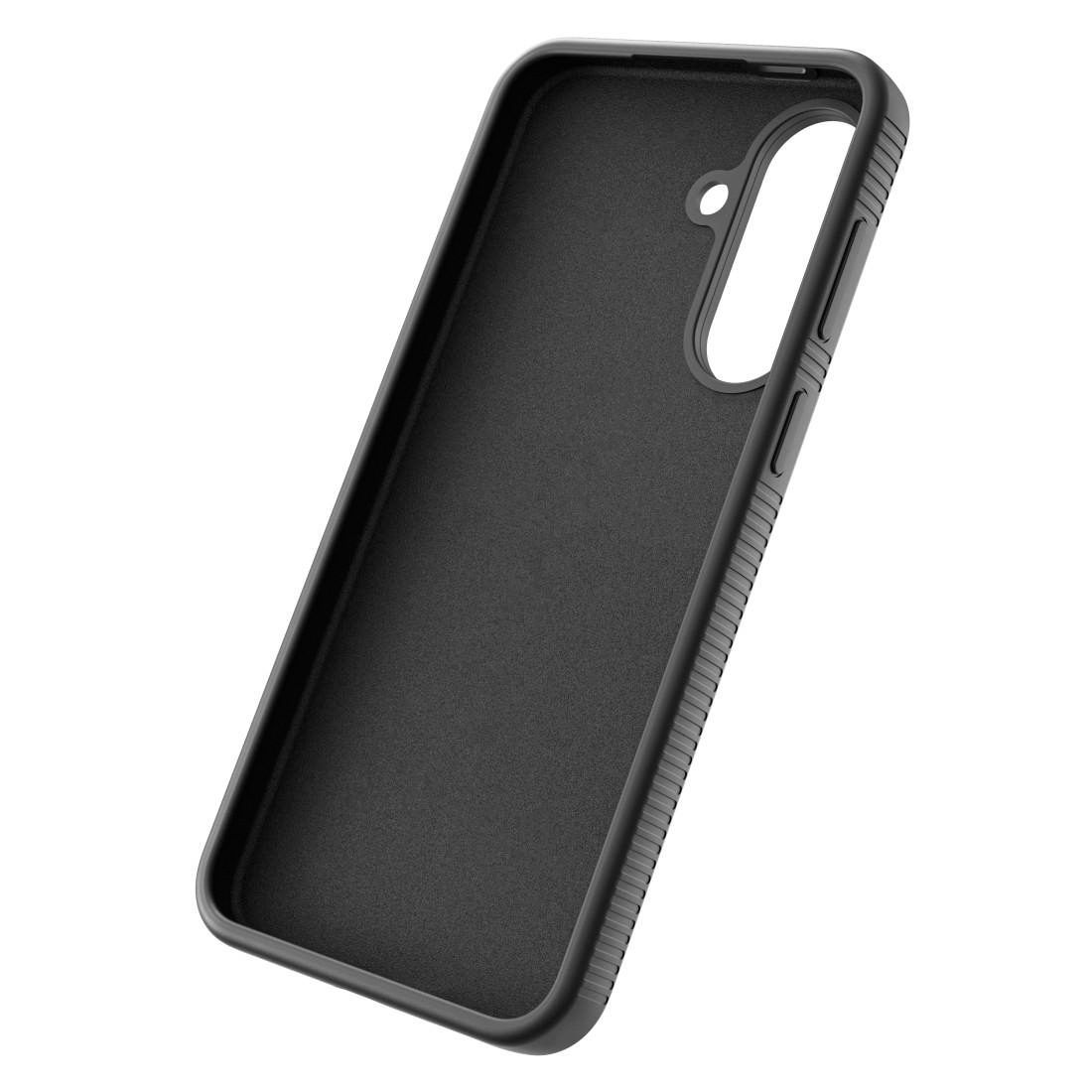 Schwarze Schutzhülle für ein Smartphone mit Aussparungen für Kamera und Tasten.