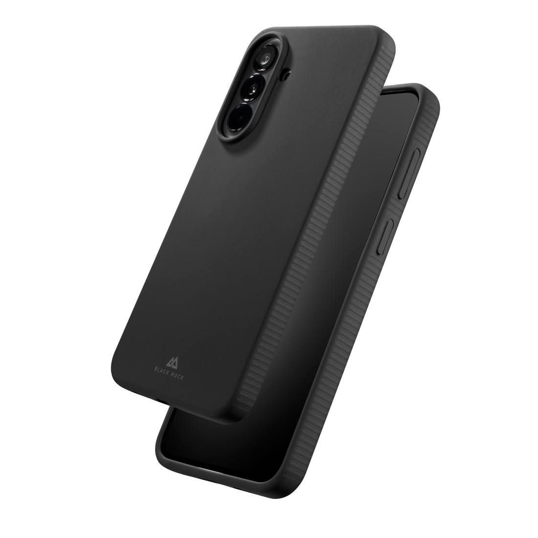 Eine schwarze Smartphone-Schutzhülle mit vertikalen Rillen an der Seite auf weißem Hintergrund.