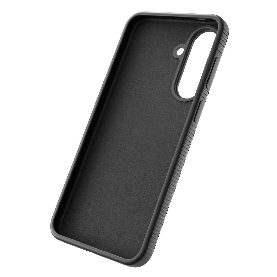 Schwarze, robuste Smartphone-Hülle mit Rändern und Kameraaussparung auf weißem Hintergrund.