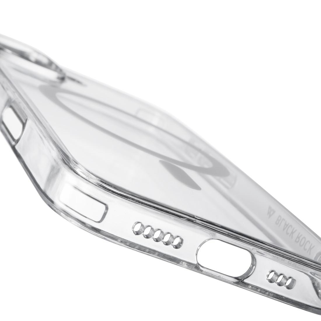 Nahaufnahme einer transparenten Smartphone-Hülle mit präzisen Ausschnitten für Anschlüsse.