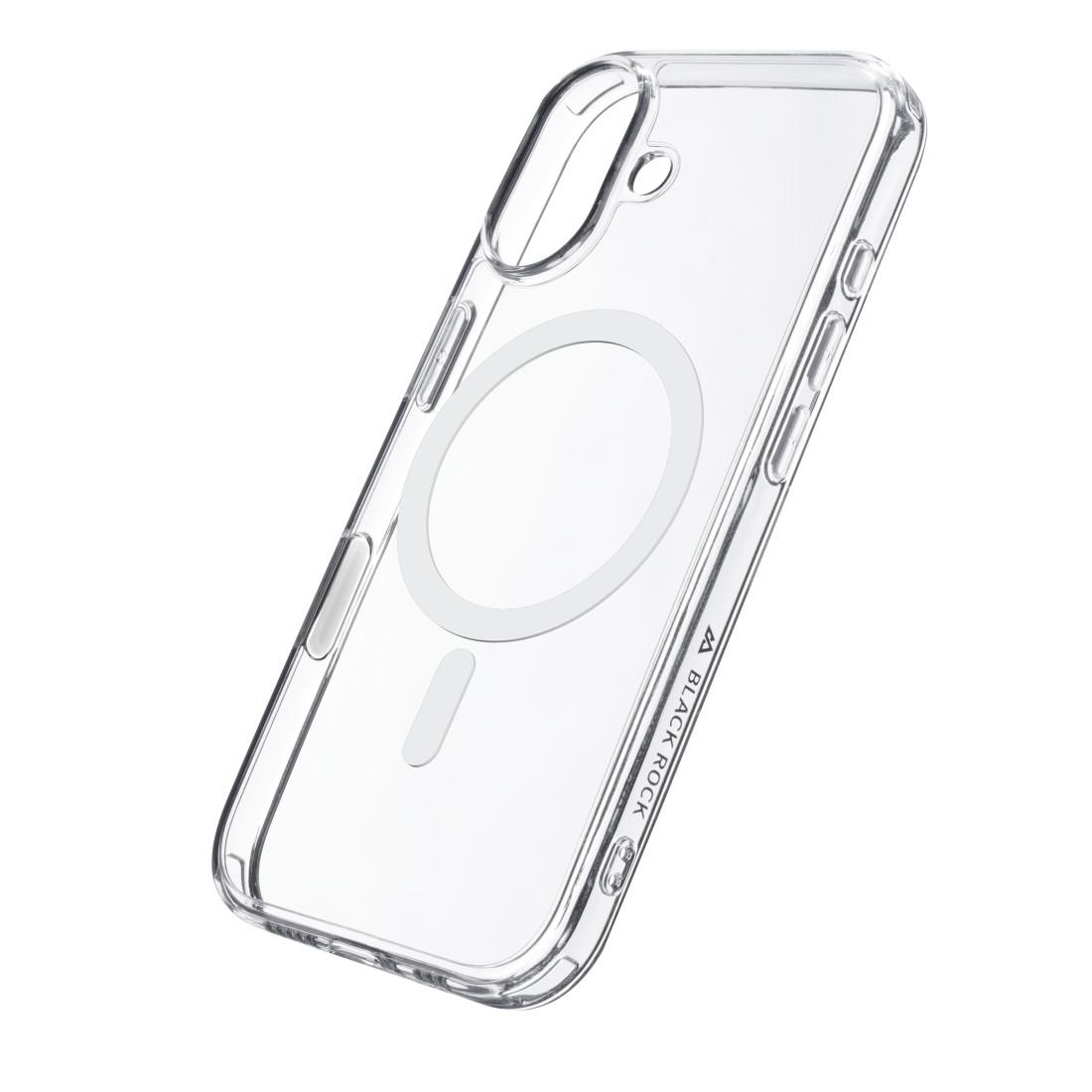 Eine klares, transparente Smartphone-Hülle mit einem kreisförmigen Magnetring auf der Rückseite und Black Rock-Logo.