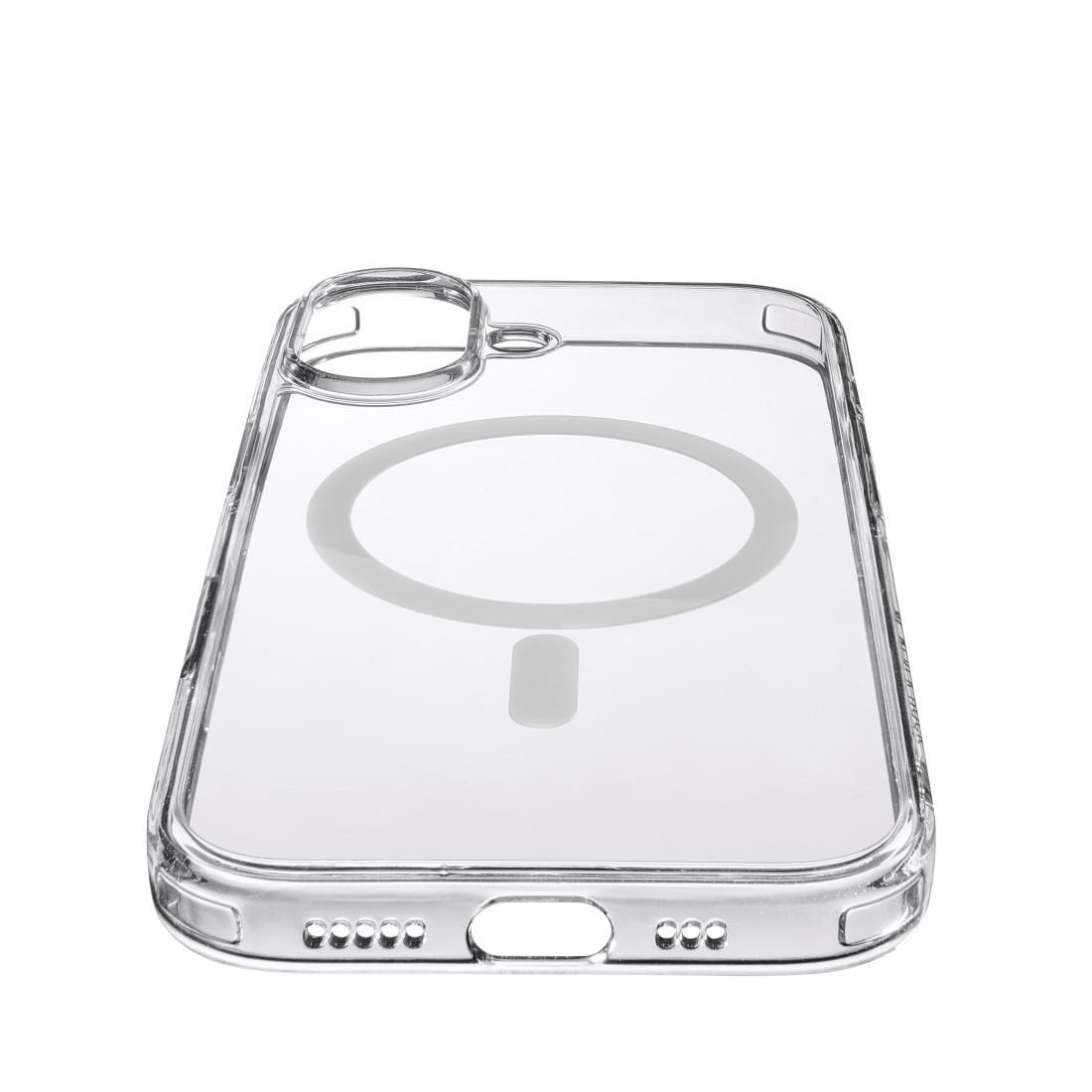Transparente Handyhülle mit MagSafe-Ring auf weißem Hintergrund.