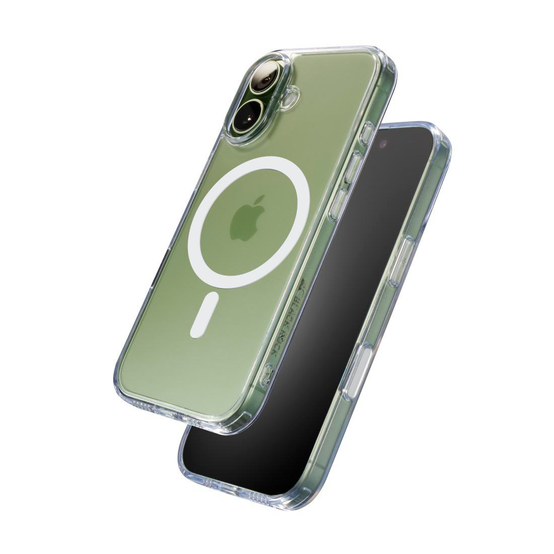 Grünes Smartphone mit transparenter Hülle und weißem MagSafe-Ring auf der Rückseite.