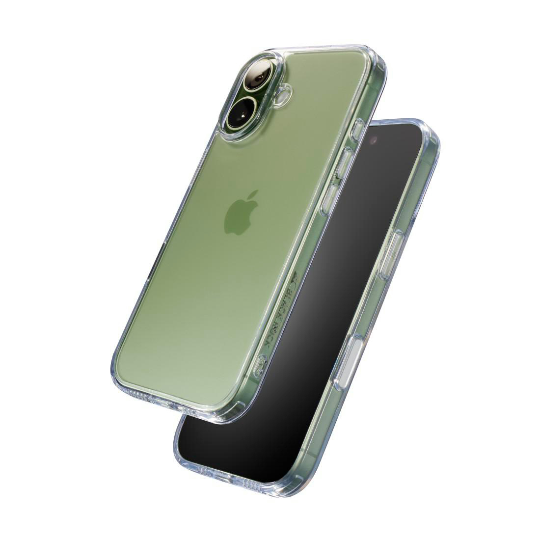 Ein hellgrünes Smartphone in einer transparenten Hülle schwebt vor weißem Hintergrund und zeigt Kameras und Display.