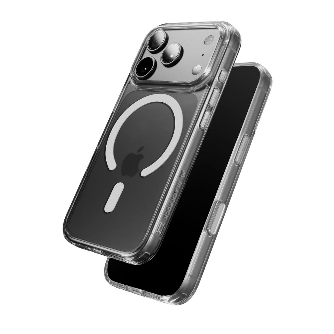 Ein Smartphone mit transparenter Hülle und MagSafe-Ring auf der Rückseite.