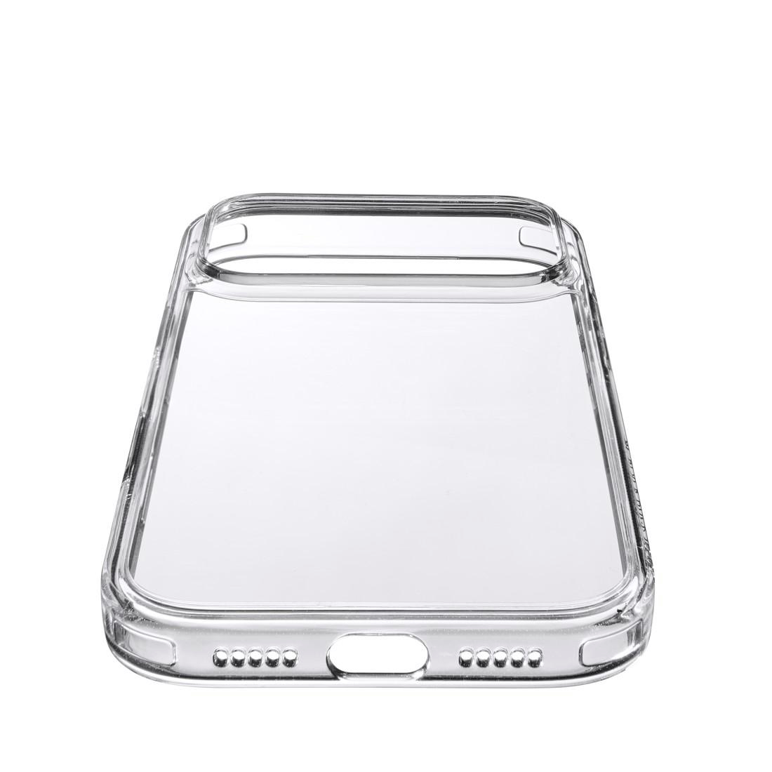 Transparente Schutzhülle für ein Smartphone mit Aussparungen für Anschlüsse auf einer weißen Oberfläche.