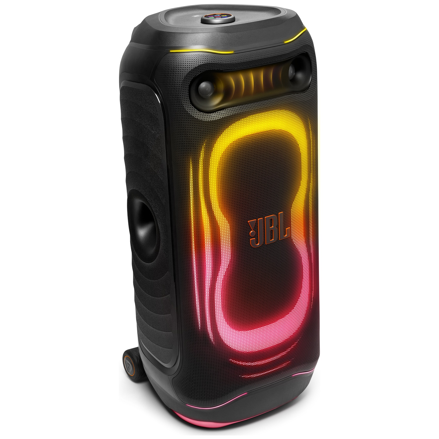 A large, black JBL party speaker featuring vibrant, color-changing LED lights on the front panel.