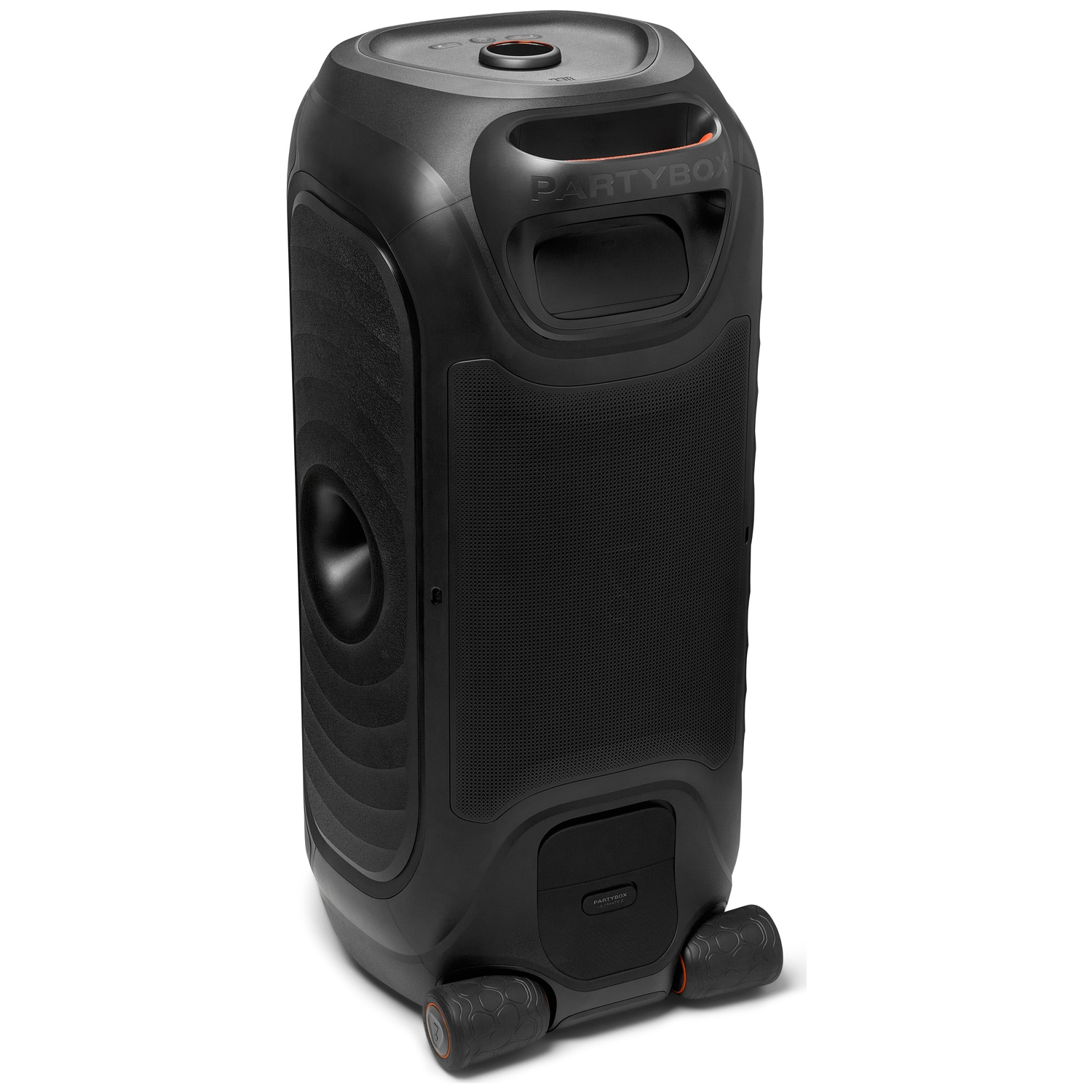 A black JBL PartyBox speaker with a top handle, mesh grille, and wheels at the base on a white background.