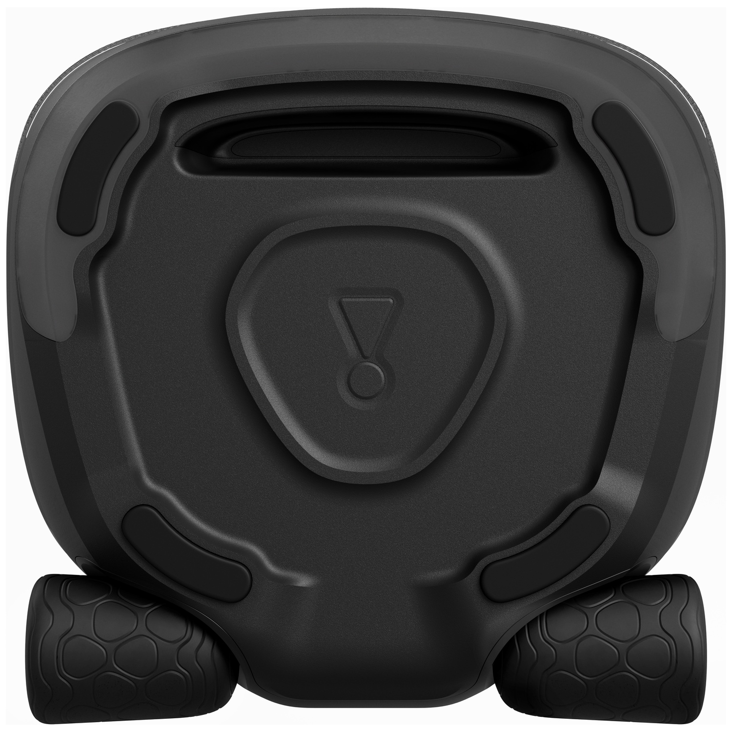 Bottom view of a black device featuring rubber feet, wheels, and a central triangular logo.