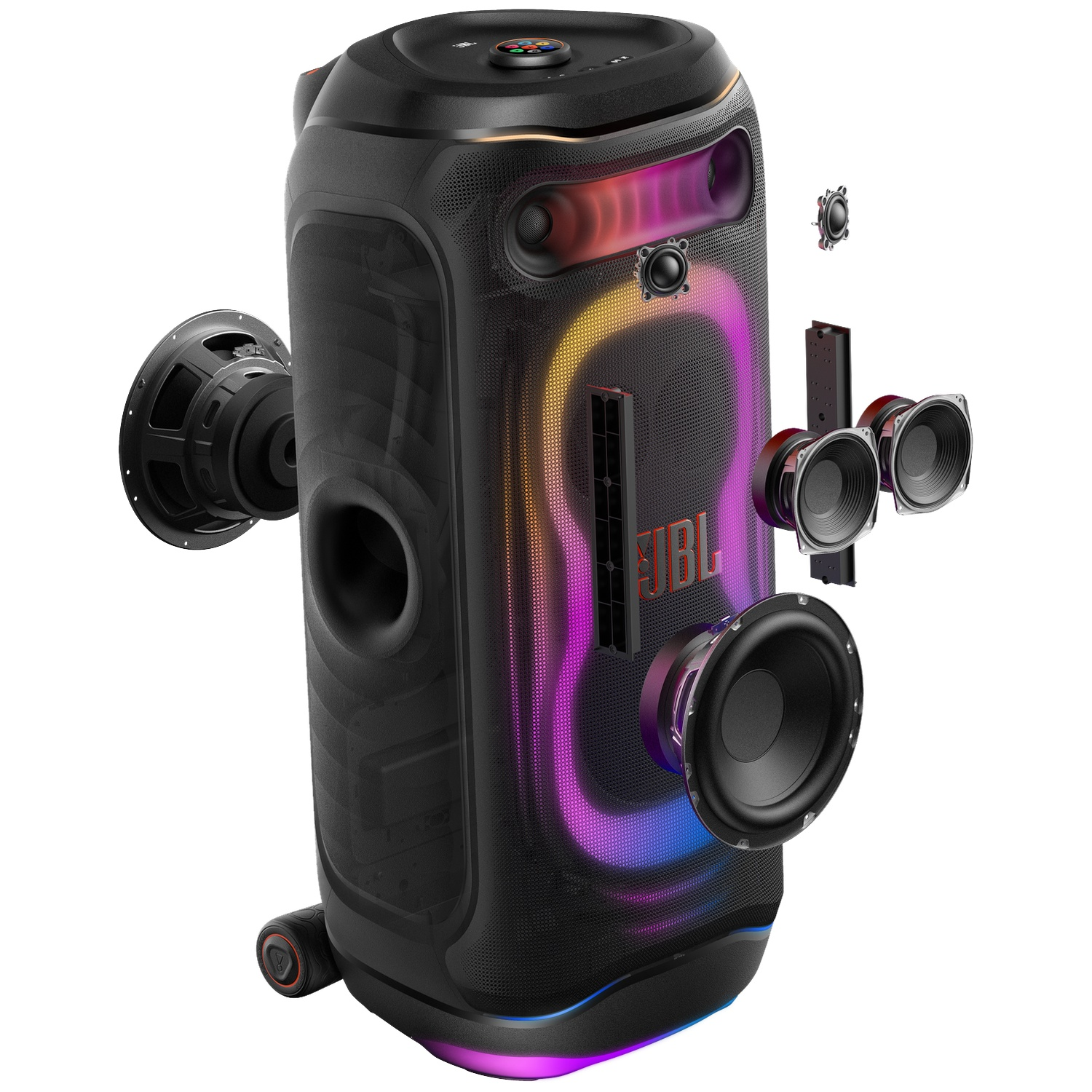 Exploded view of a black JBL party speaker featuring glowing RGB lights and floating internal speaker drivers.