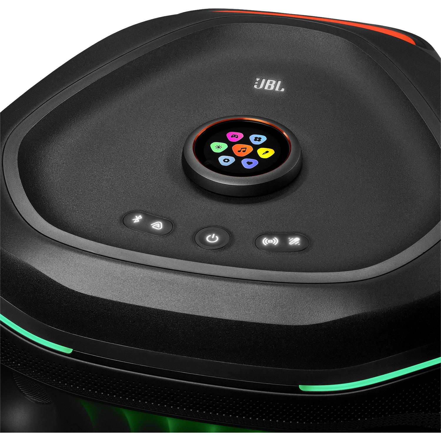 Close-up of a black JBL speaker top panel with a central round display, control buttons, and colorful status lights.
