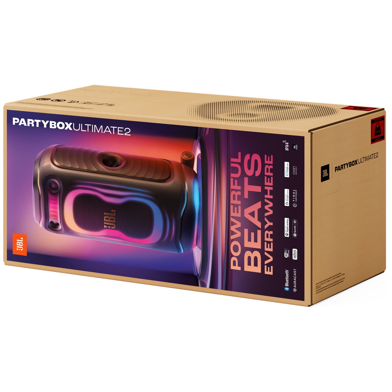 Cardboard box for JBL PartyBox Ultimate2 speaker, featuring product graphics and text.