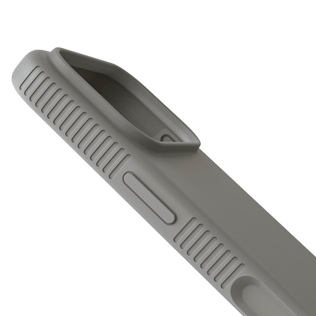 Nahaufnahme einer grauen Handyhülle mit gerippten Kanten und Tasten.