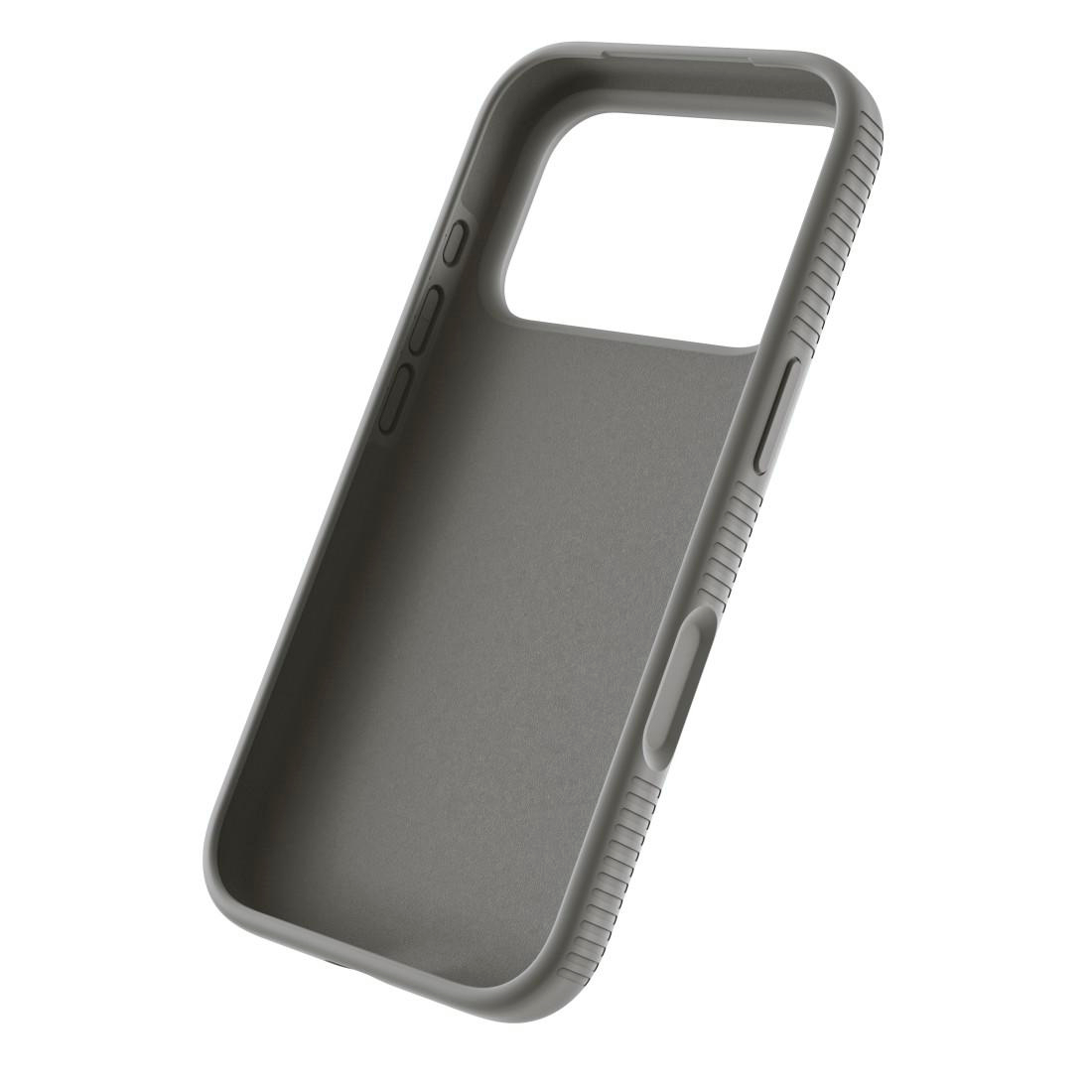 Eine graue Schutzhülle für ein Smartphone mit Knöpfen an der Seite auf weißem Hintergrund.