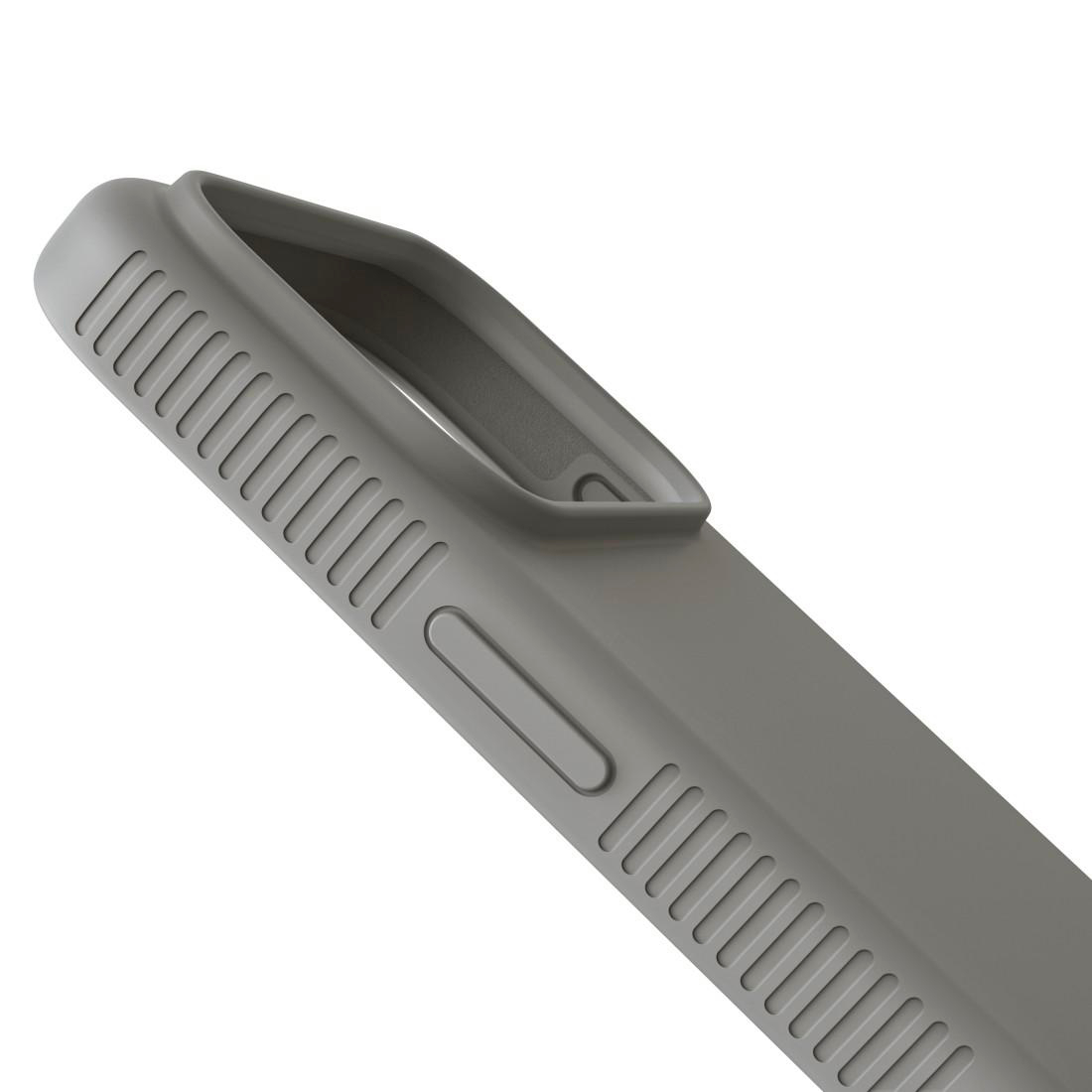 Eine graue Smartphone-Hülle mit gerippten Kanten und erhöhter Kameraumrandung auf weißem Hintergrund.