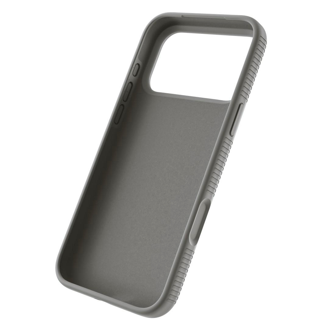 Eine graue Schutzhülle für Mobiltelefone mit Knöpfen und Rillen an der Seite auf weißem Hintergrund.