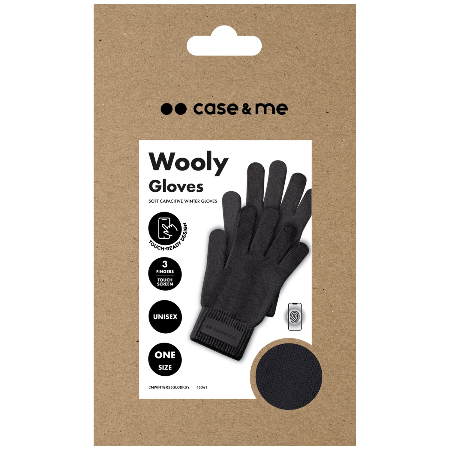 Gants d'hiver noirs dans un emballage écologique avec icônes tactiles.