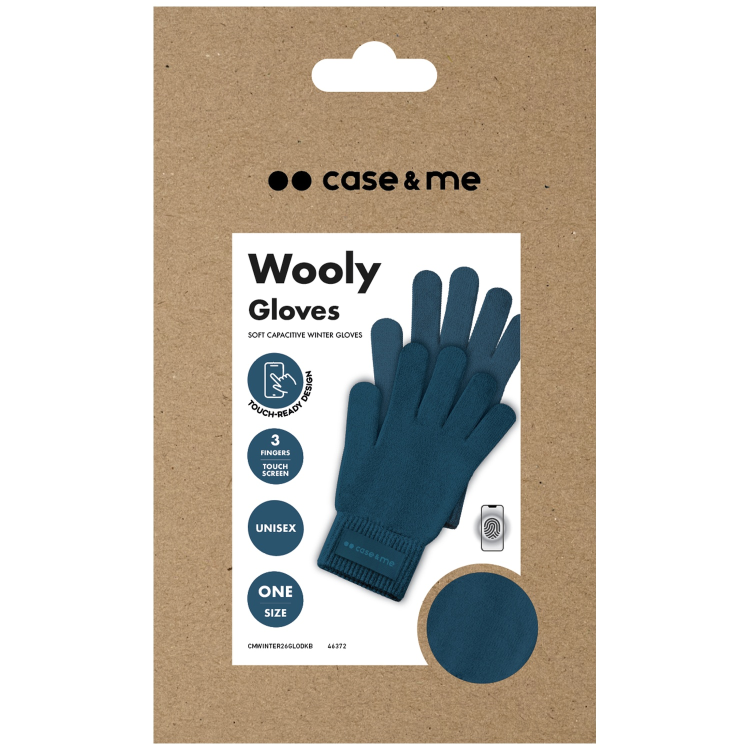 Gants Wooly bleus dans un emballage en papier recyclé compatibles tactile.