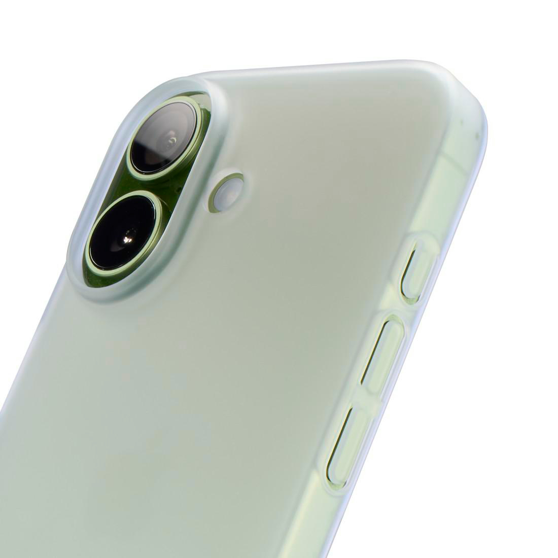 Rückseite eines hellgrünen Smartphones mit Doppel-Kamera und seitlichen Knöpfen auf weißem Hintergrund.