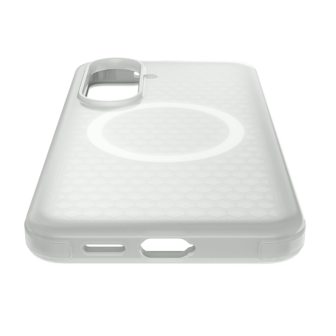 Transparente Schutzhülle mit MagSafe-Ring und Wabenmuster auf weißem Hintergrund.