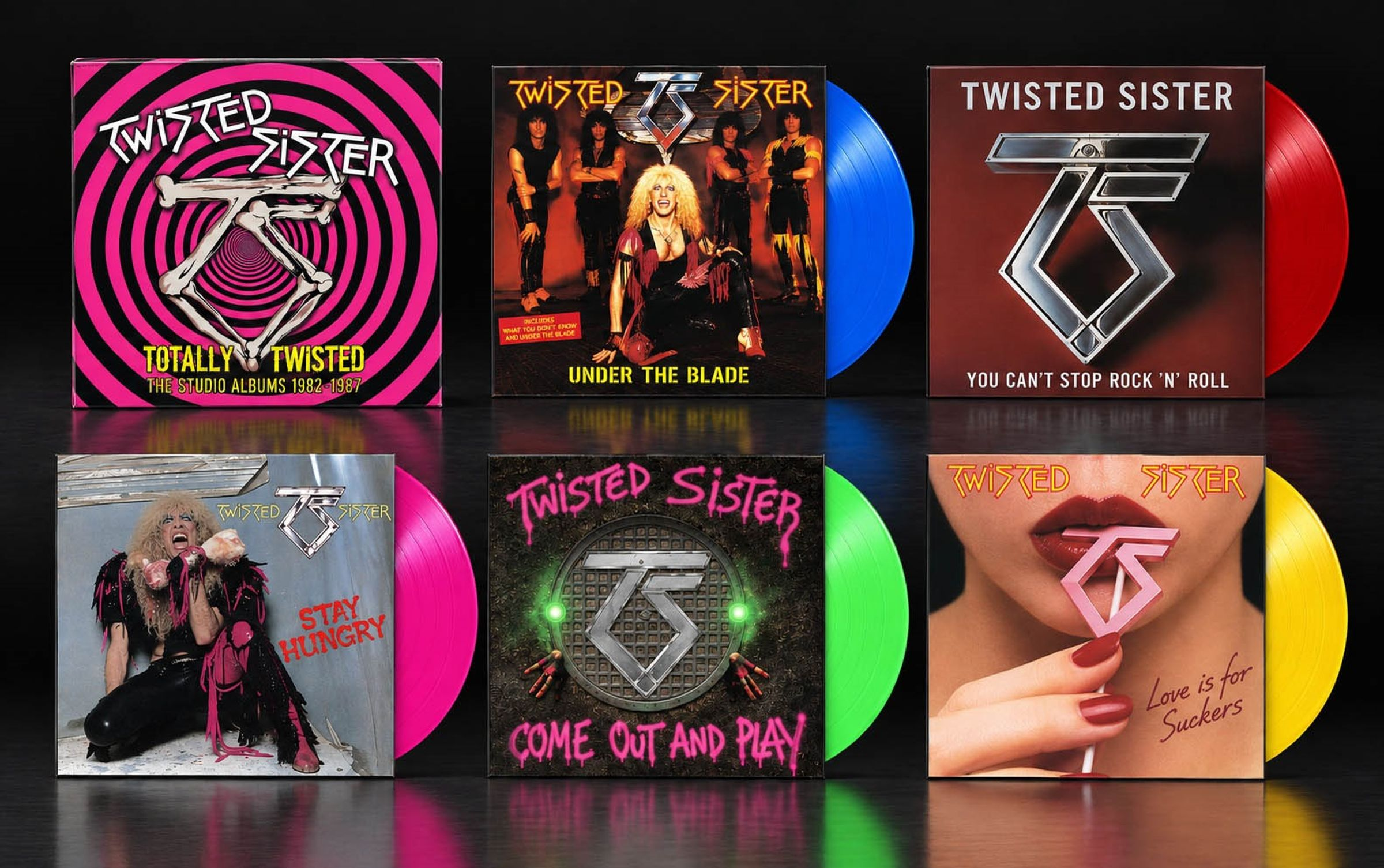 Hat Twisted Sister vinyl album színes lemezekkel és borítókkal fekete háttér előtt.