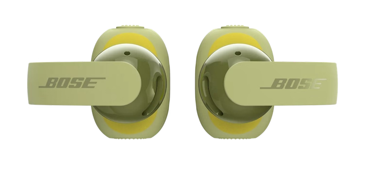 Grüne Bose Ultra Open Earbuds Ohrhörer von vorne auf weißem Hintergrund.