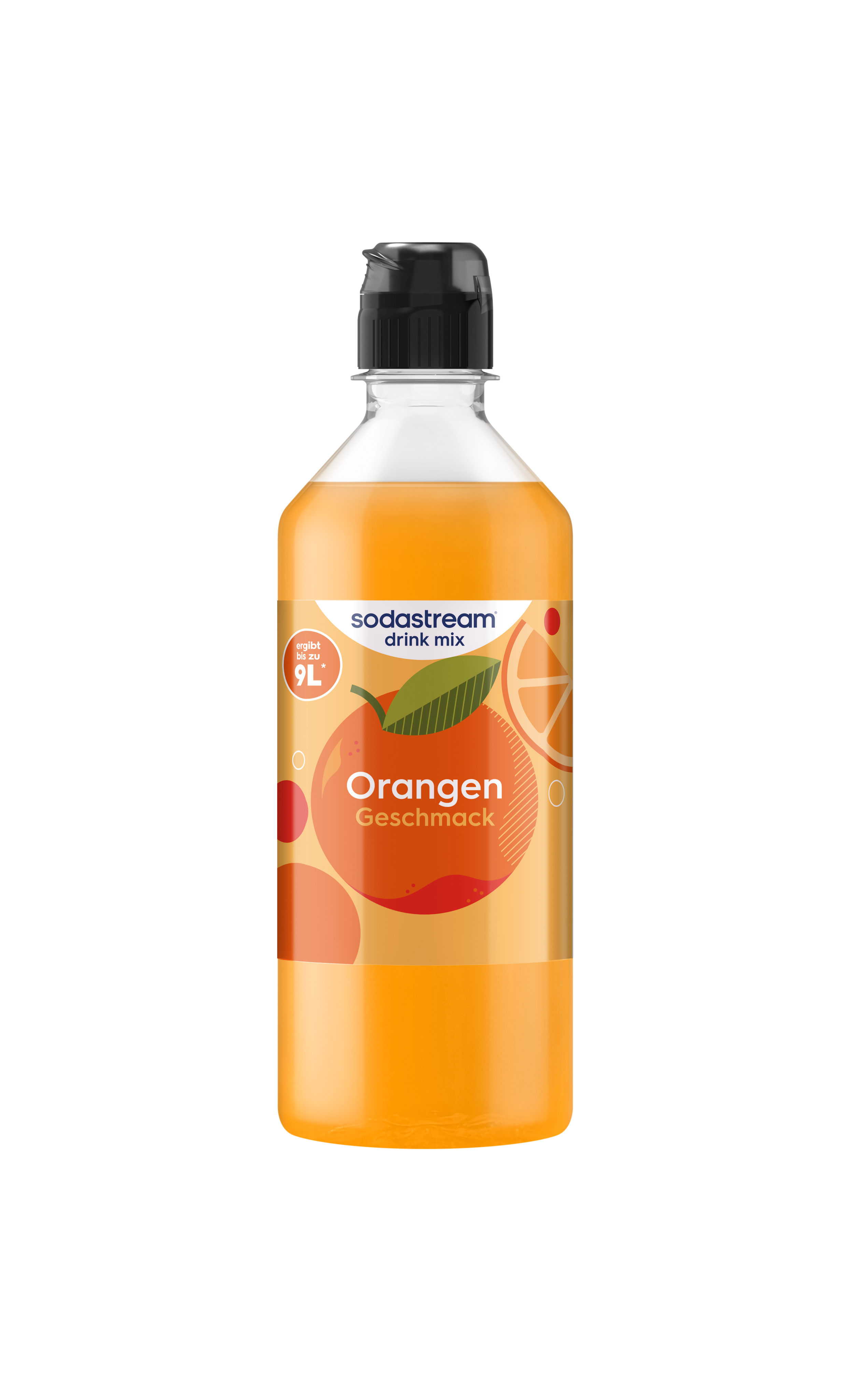 Eine SodaStream Orangen-Getränkesirupflasche auf schwarzem Hintergrund mit Orangengrafik.