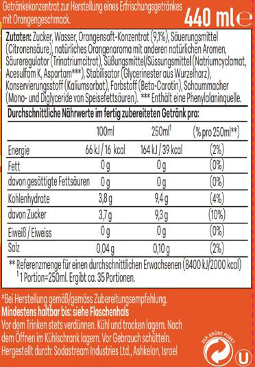Nährwerttabelle und Zutatenliste auf orangem Hintergrund eines Getränkekonzentrats.