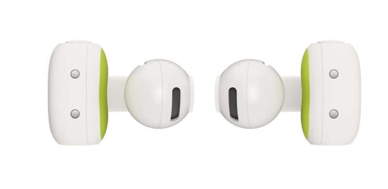 Weiß-grüne In-Ear-Kopfhörer mit abgerundetem Design und zwei Metalltasten auf einer Seite auf weißem Hintergrund.