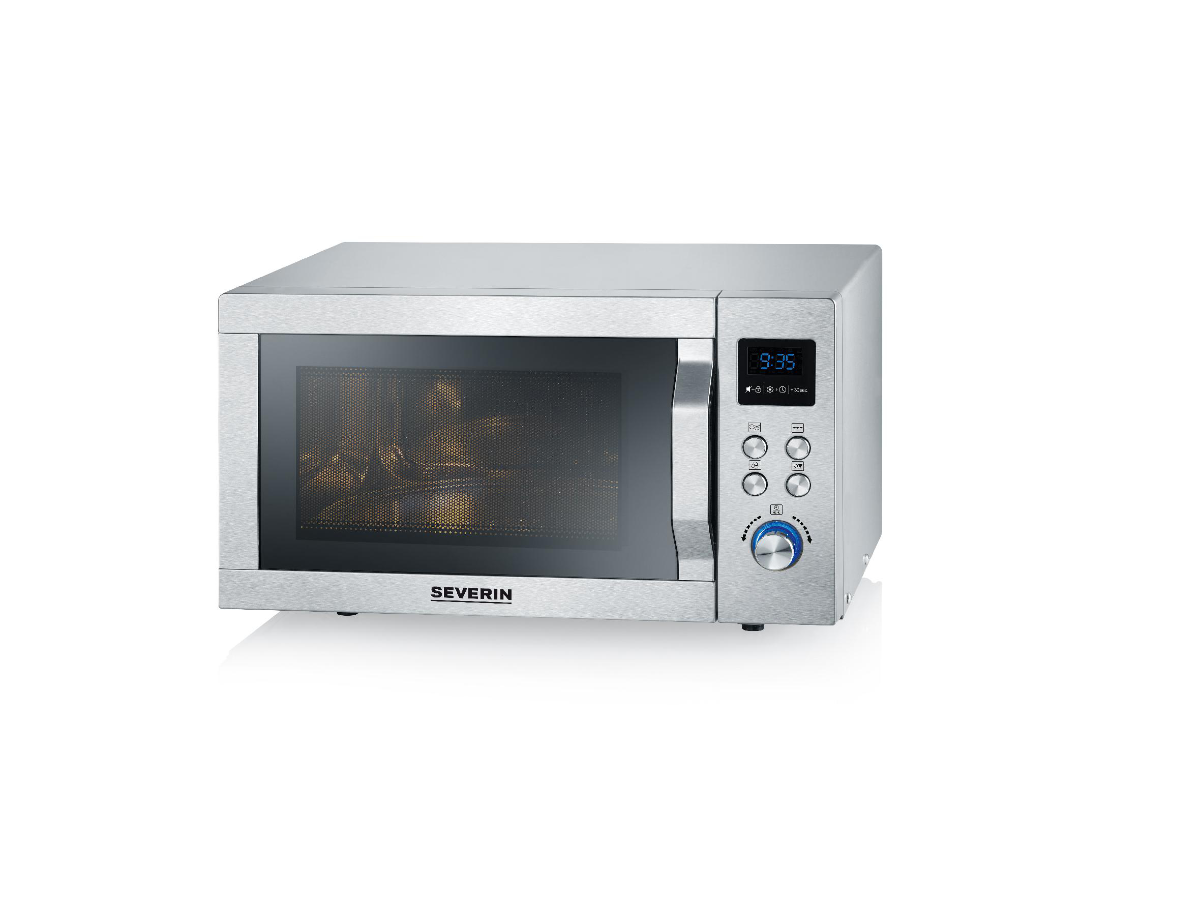 Edelstahl Mikrowelle von Severin mit digitalem Display und Drehknöpfen vor weißem Hintergrund.