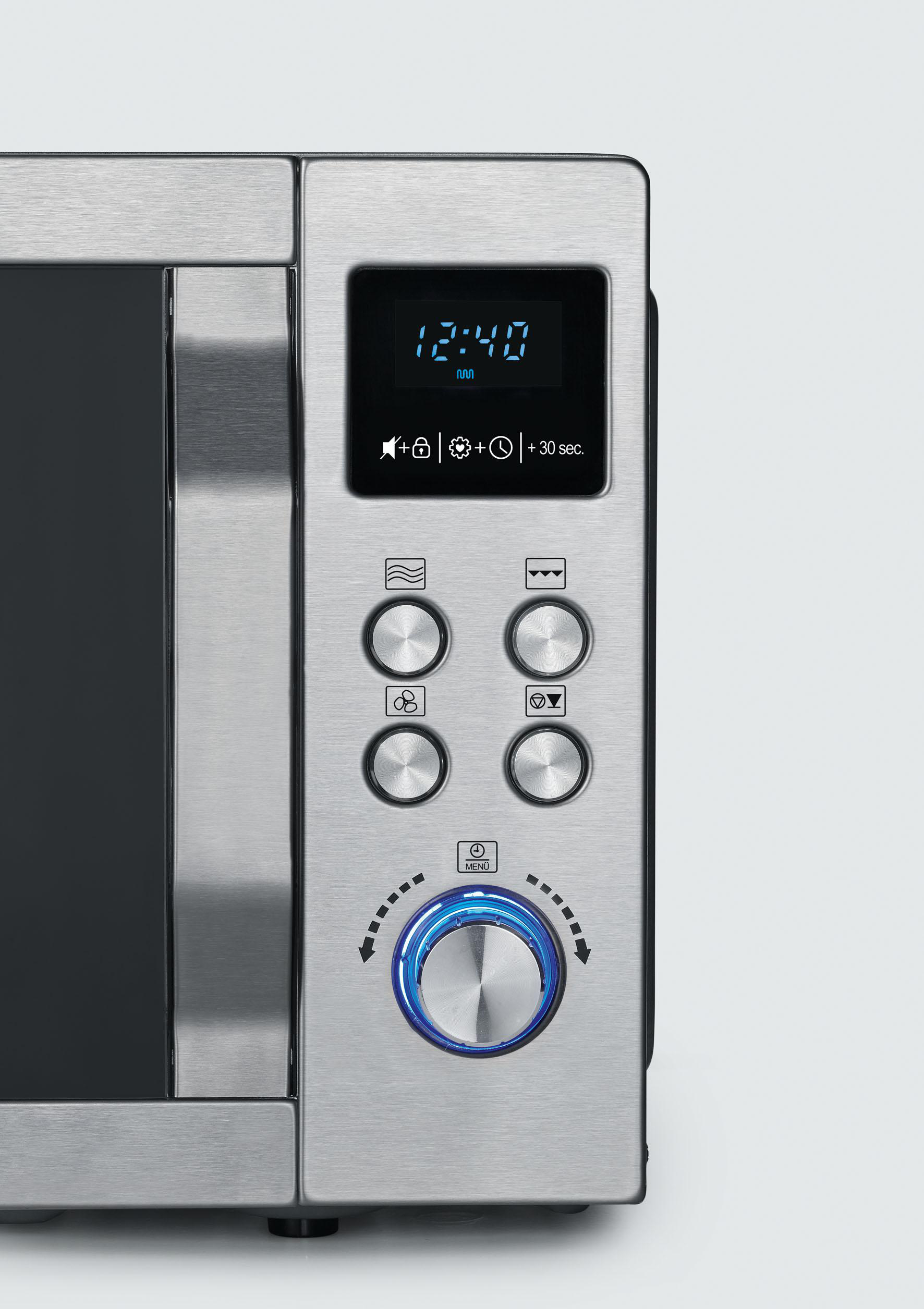 Edelstahl-Mikrowelle mit digitalem Display, Touch-Tasten und blau beleuchtetem Drehknopf.
