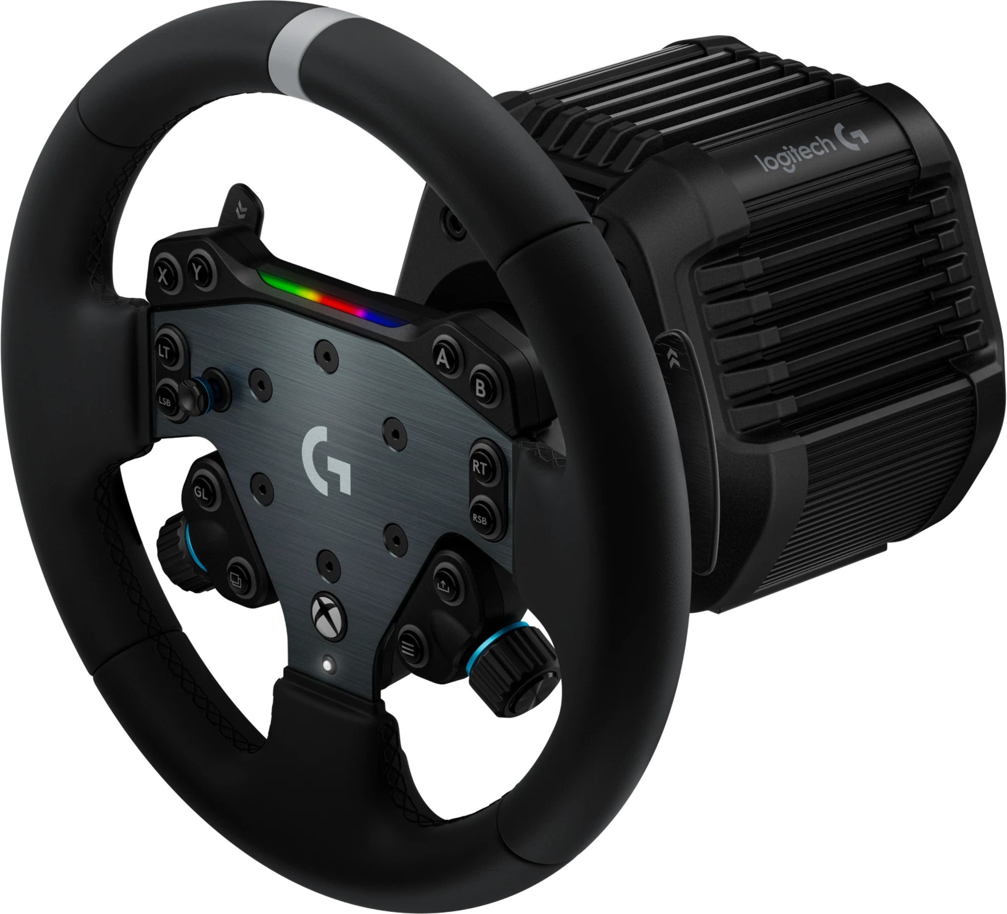 Schwarzes Logitech G Rennlenkrad mit Xbox-Tasten, integriertem Display und gerippter Motoreinheit auf schwarzem Grund.