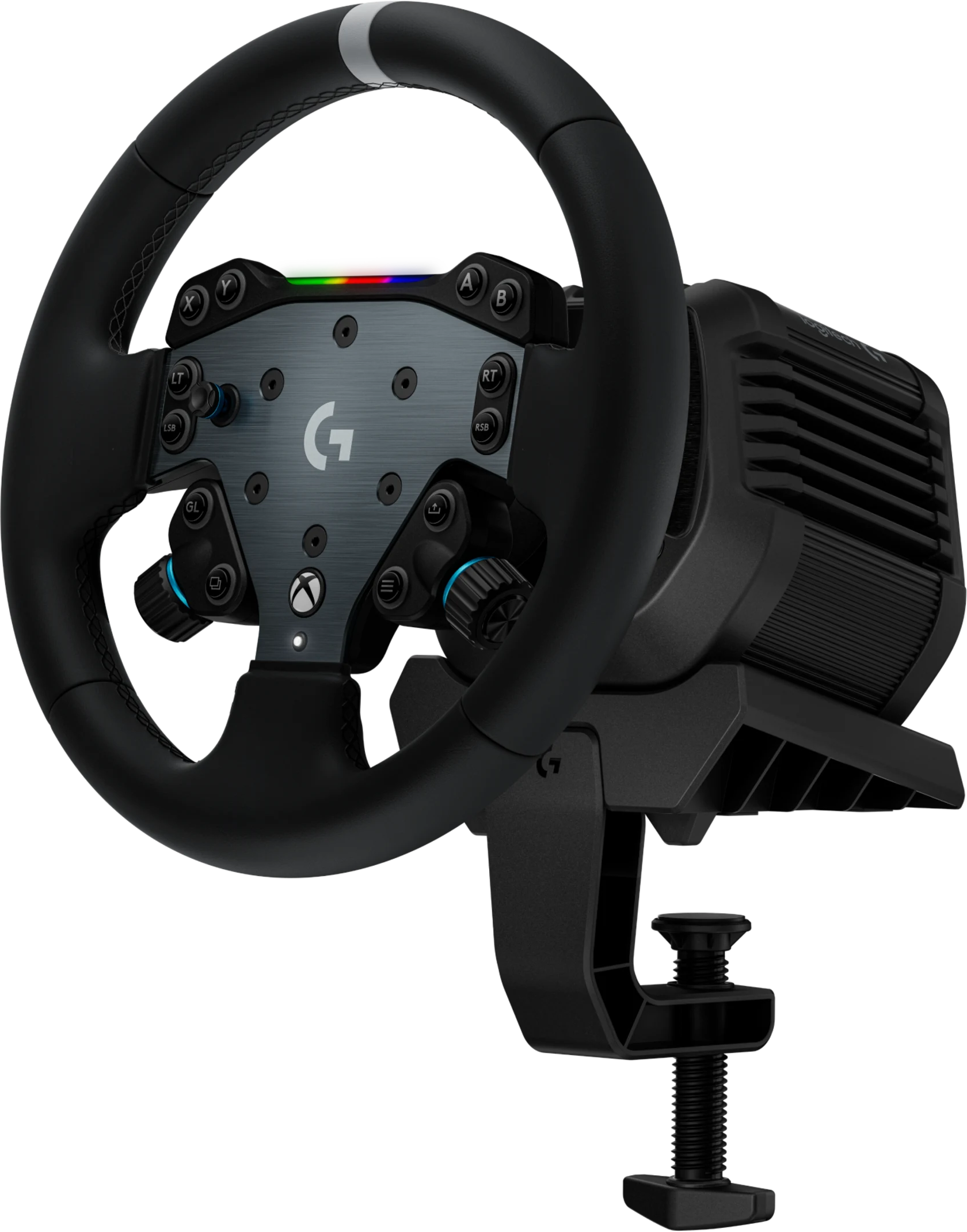 Schwarzes Logitech-Rennlenkrad mit Xbox-Tasten, Metallplatte und Tischklemme vor schwarzem Hintergrund.