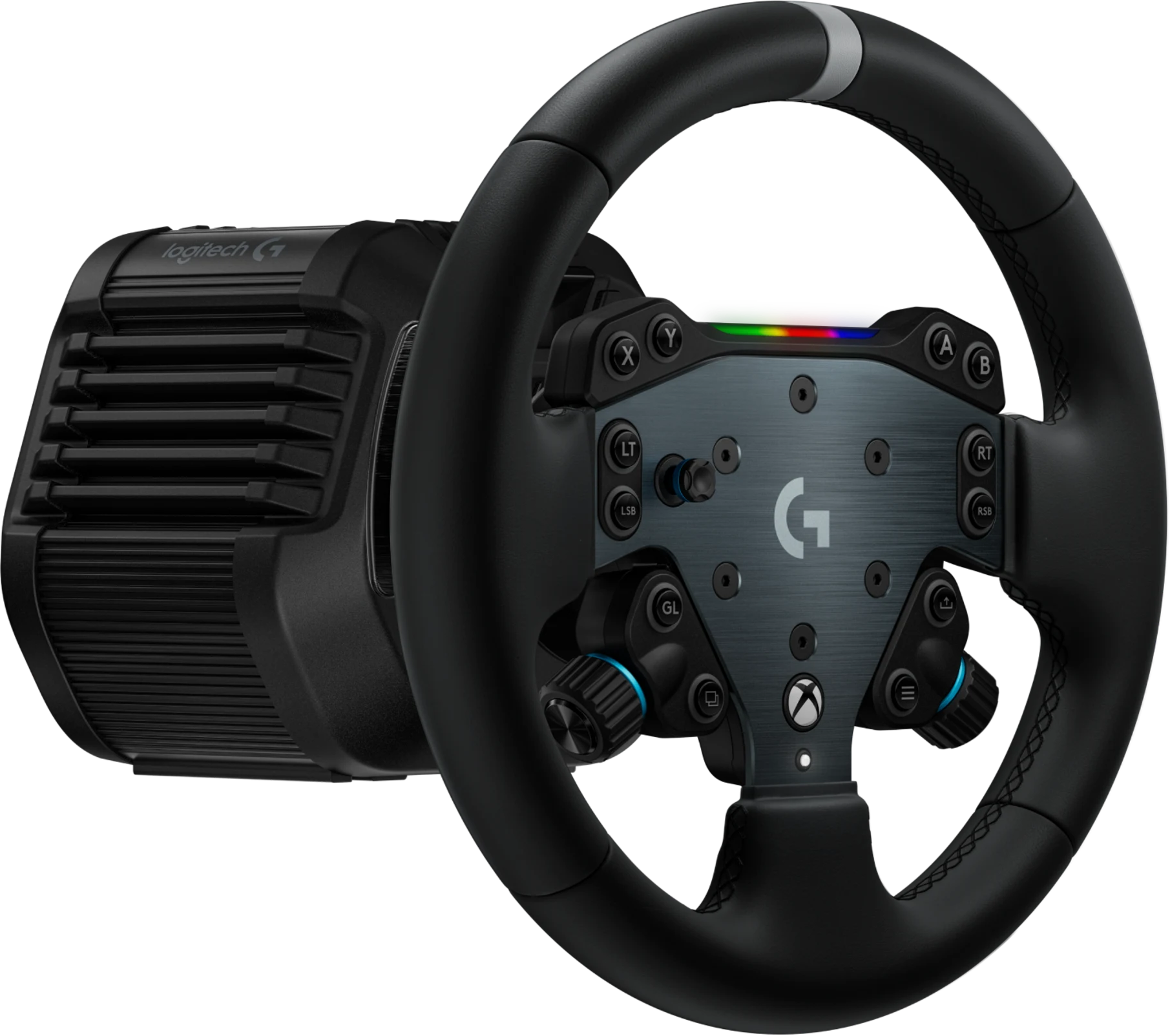 Schwarzes Logitech-G-Rennlenkrad mit Xbox-Tasten und Basis.