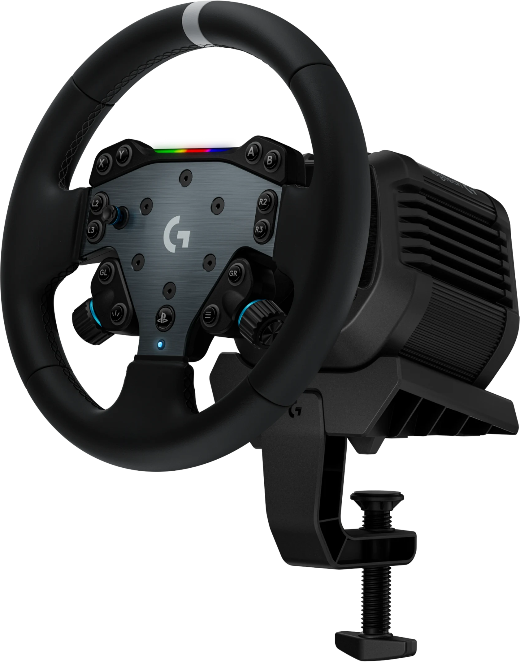 Volante da corsa nero Logitech con pulsanti, LED e morsetto da scrivania su sfondo nero.