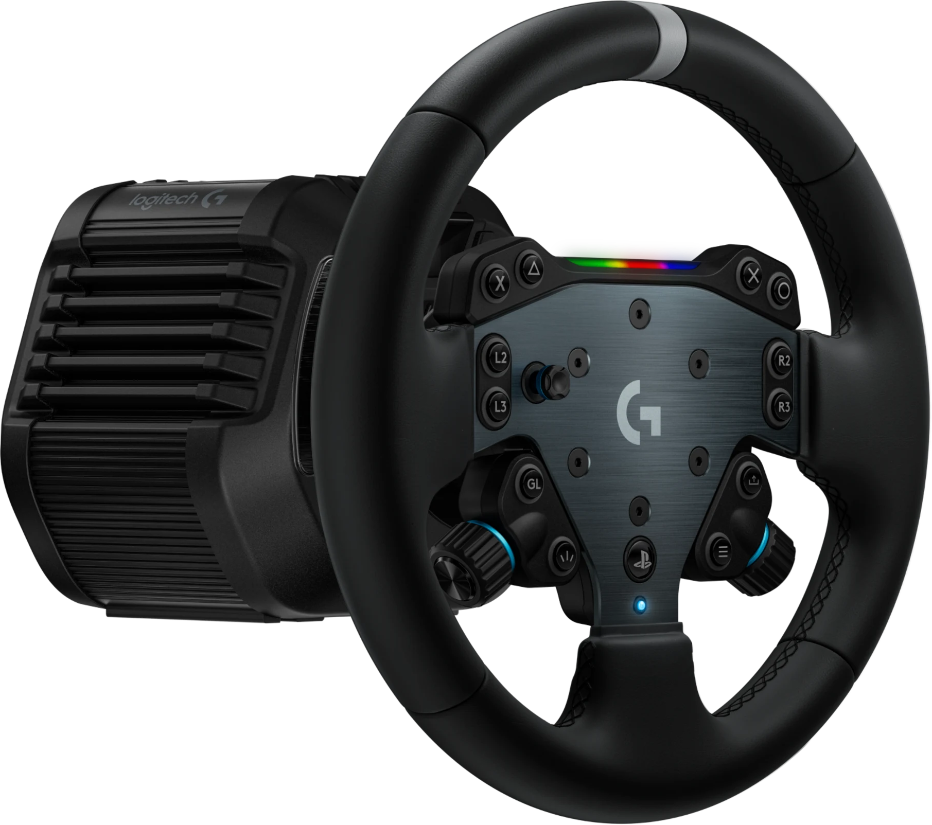 Un volante da gioco Logitech nero con pulsanti e piastra centrale in metallo spazzolato su sfondo scuro.