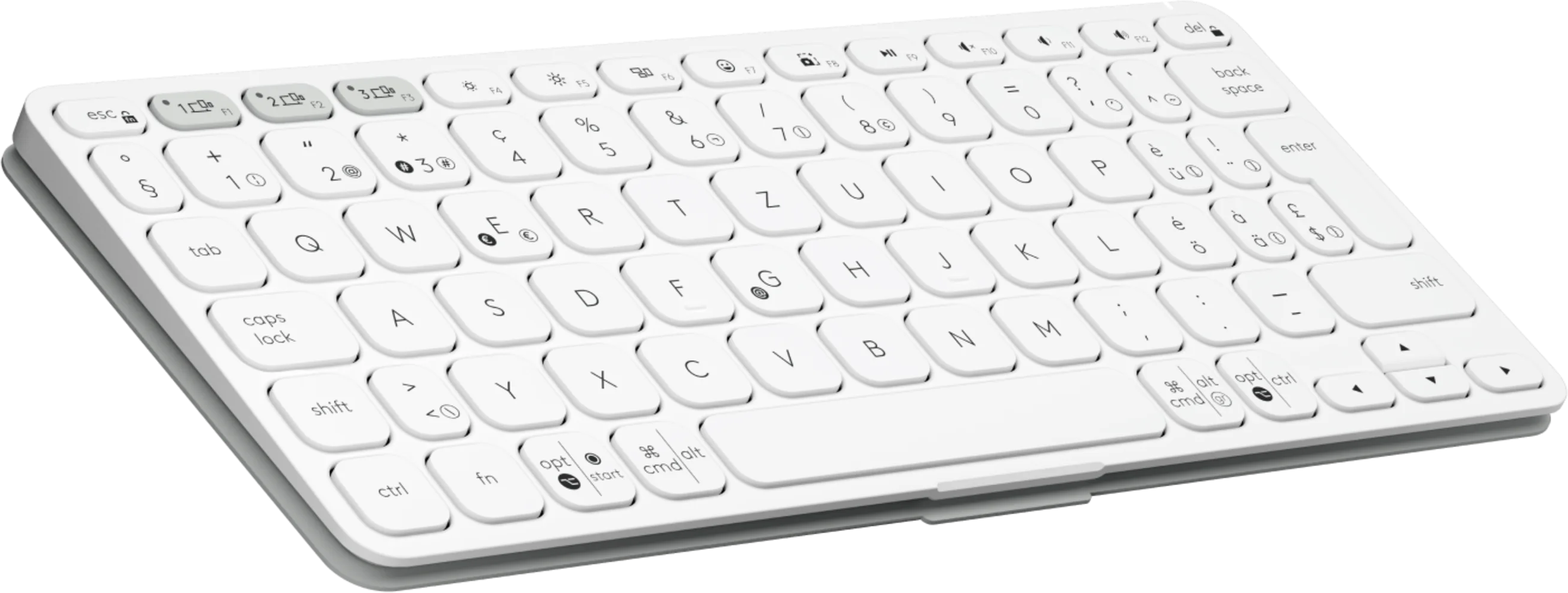 Una tastiera compatta wireless bianca con layout QWERTZ su sfondo nero.