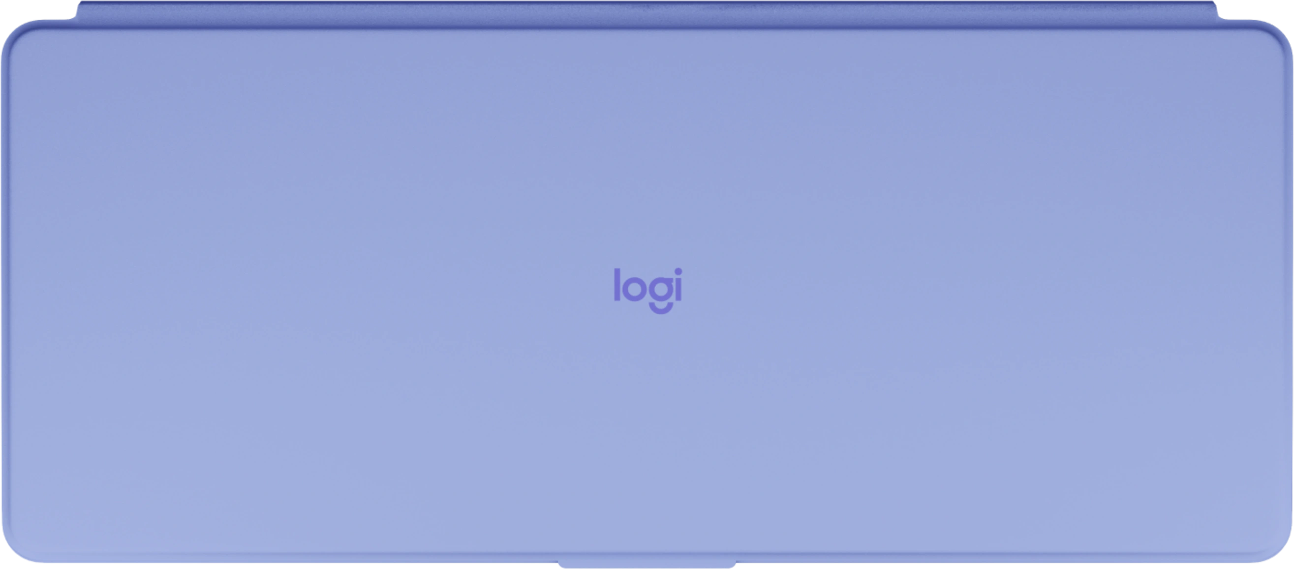 Una custodia per tastiera Logitech lilla chiaro vista dall'alto, con il logo logi viola scuro al centro.