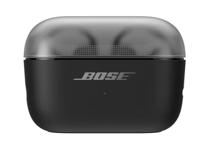 Schwarzes Bose Ladecase mit grauem durchsichtigen Deckel und dem Bose Logo auf der Vorderseite.