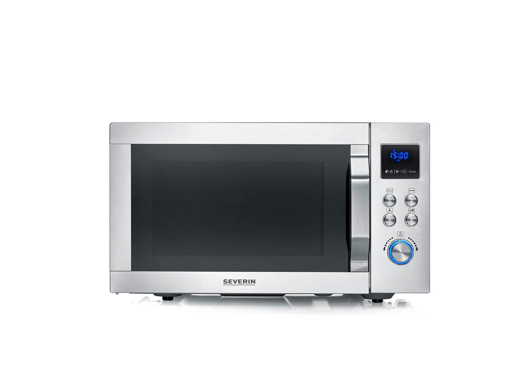 Silberne Severin Mikrowelle mit digitalem Display und Drehknöpfen auf weißem Hintergrund.