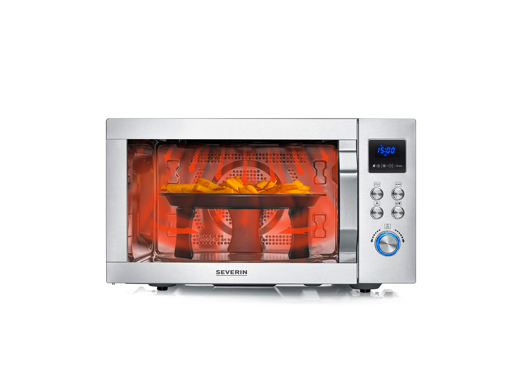 Silberner Severin-Ofen mit digitalem Display, Knöpfen und beleuchtetem Garraum mit Pommes auf einem Teller.
