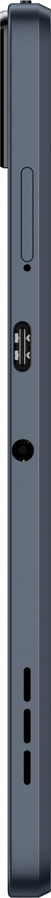Egy kék eszköz oldalsó nézete USB-C porttal, fejhallgató-csatlakozóval és hangszórókkal.