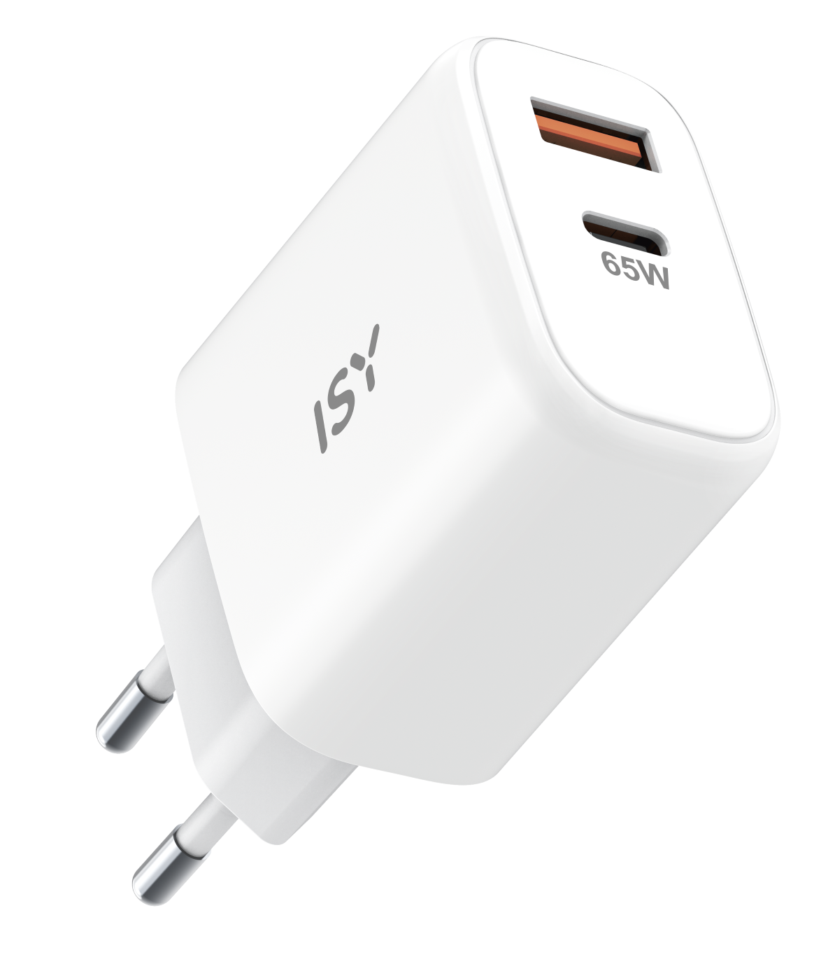 Biała ładowarka sieciowa USB 65W z dwoma portami na czarnym tle.