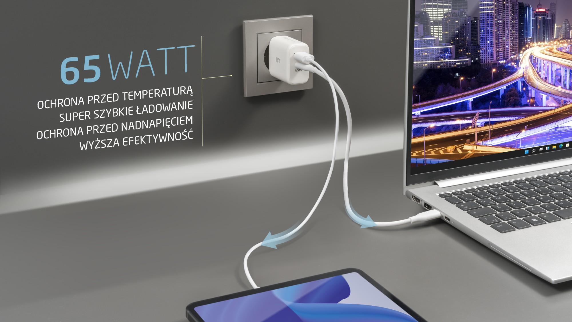 Ładowarka ścienna 65W w gniazdku jednocześnie ładuje laptopa i tablet za pomocą kabli.
